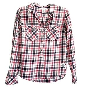 H&M Button Up Pop Over Flannel Navy & Pink Plaid Long Sleeves size 4
